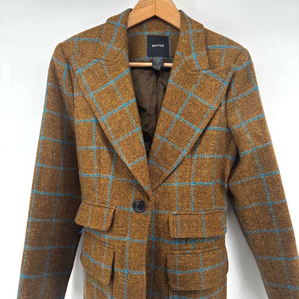 Smythe Brown Turquoise Windowpane Wool Blazer Jacket 6 Quiet Luxury